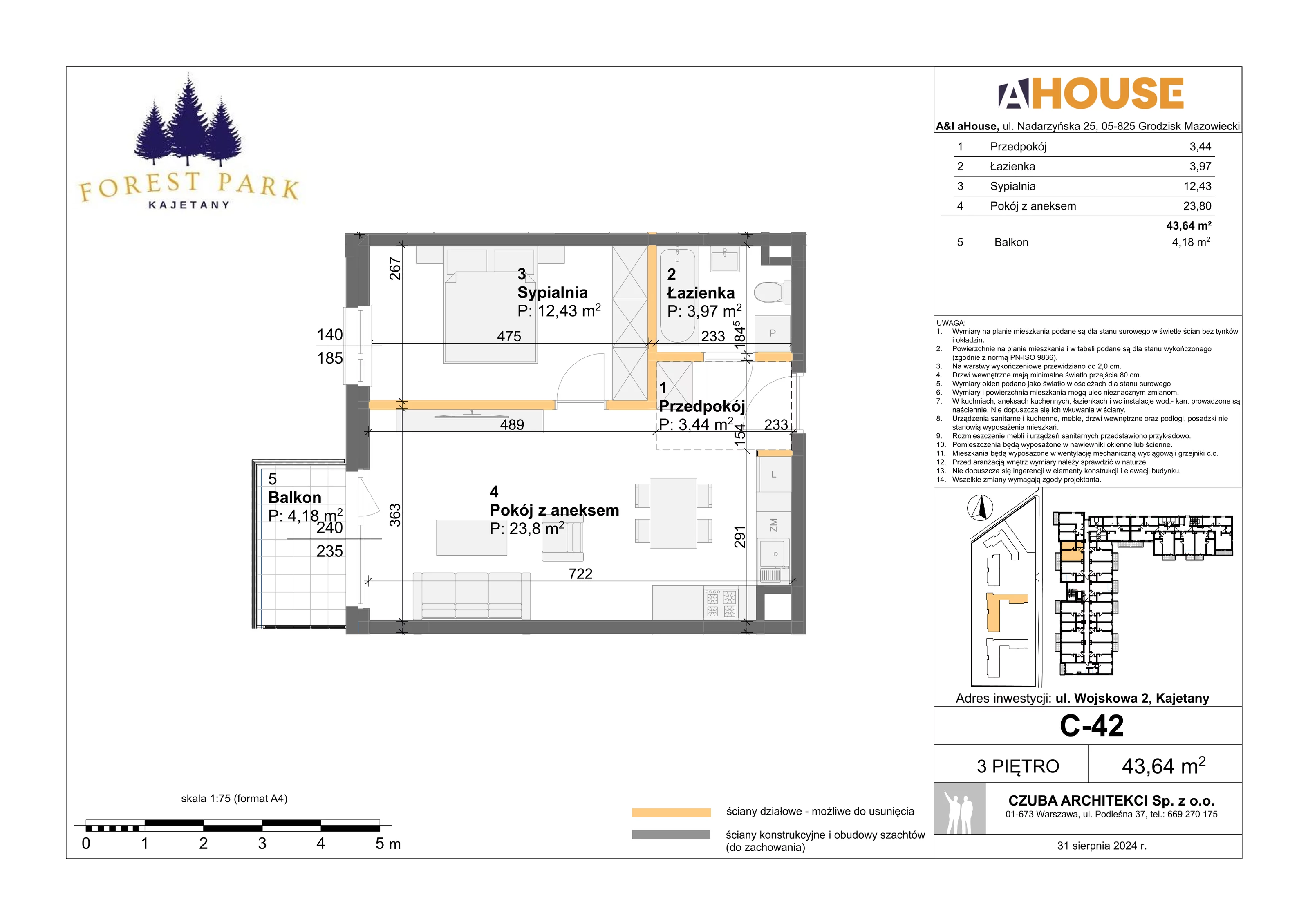 2 pokoje, mieszkanie 43,64 m², piętro 3, oferta nr C-42, Forest Park Kajetany, Kajetany, ul. Wojskowa 2